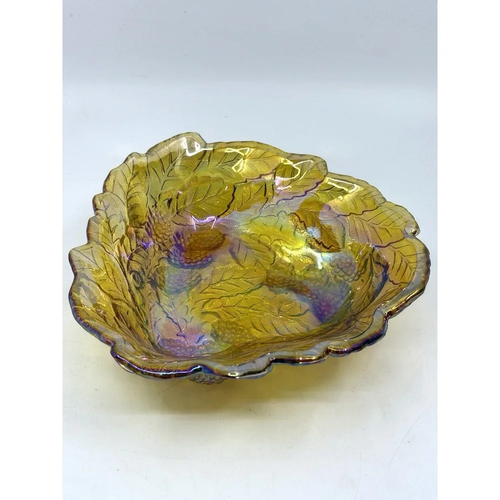 Antique Imperial Marigold Carnival Grape Leaf Shape Glass Scalloped Bowl Dish 7